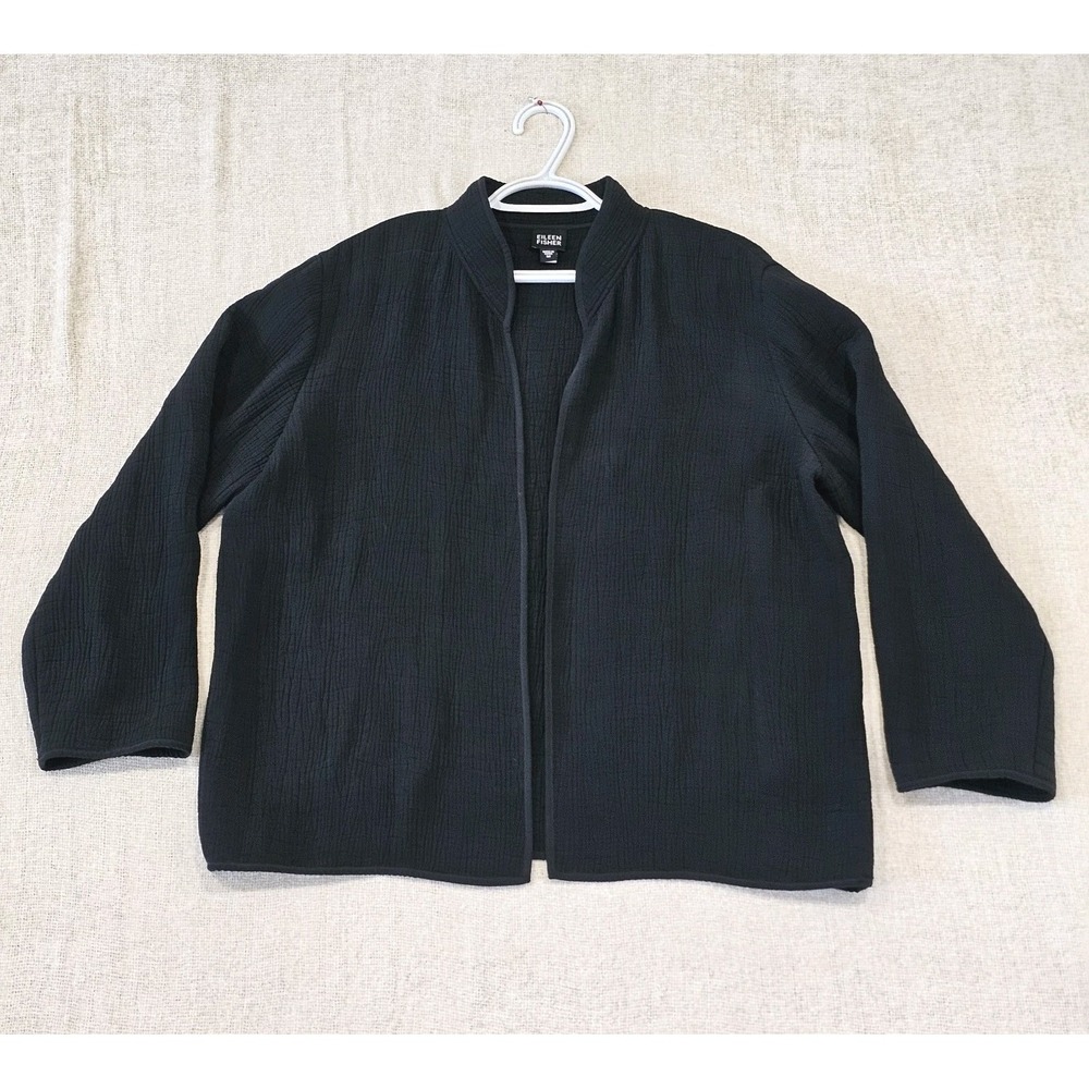 EILEEN FISHER Luxury Silk Black Textured Crinkle Cardigan Blazer Classic Sz Med